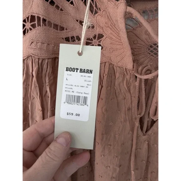 NWT Miss Me Blush Pink Blouse W Crochet And Mesh Accents Size L Cowgirl Boho - Picture 6 of 7